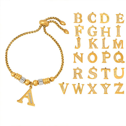 New Design Trendy Luxury Not Fade 18K Gold Plated Stainless Steel Women's 26 Initial Letter Zircon Corn Chain Bracelet