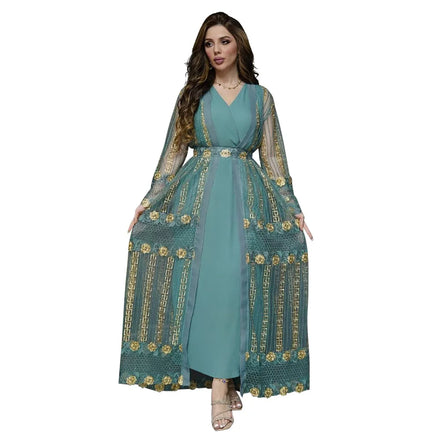 UNI Particular Design Elegant Design High Waisted V-Neck Mesh Design Applique Abayas for Women Muslim