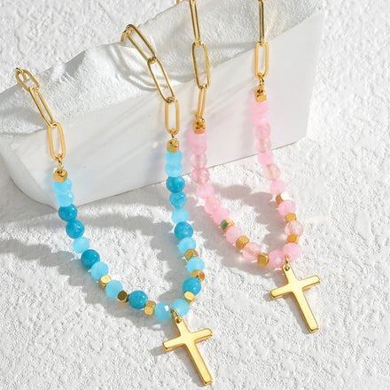Hot Sale Color Natural Store Beaded Choker Necklaces Set Vintage Pink Blue Bead Cross Pendants Boho Necklaces