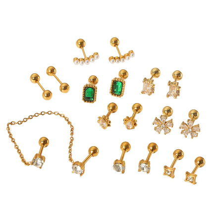 Hot Selling 18K Gold Plated Stainless Steel Stud Earrings Women Geometric Zircon Flowers Fashionable Trendy Parties Gifts