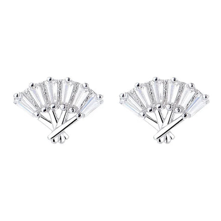 Real Silver 925 Earrings with Baguetle Stone for Women Chinese Fan Design Stud Earrings