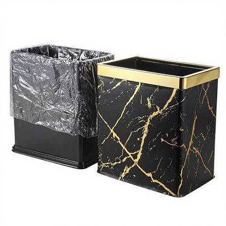 10L Black Luxury Leather Coated Stainless Steel Storage Bucket 2.6-Gallon Trash Can Removable Bag Holder Open Top Fire-Proof
