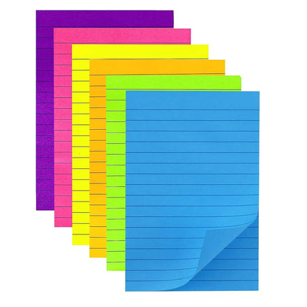 6 Pack 4x6 Brightly Colored Self-Adhesive Sticky Notes 50 Sheets per Pack with Lining for Office School Use 6 Colors Options