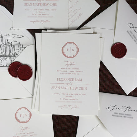 Chinese Embossing Cotton Paper Letterpress UV Ink Printing Wedding Invitation with Wax Seal Sticker