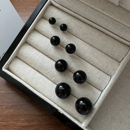 6MM 8MM 10MM 12MM Simple Round Ball Natural Black Agate Stone 925 Sterling Silver Stud Earrings for Ladies