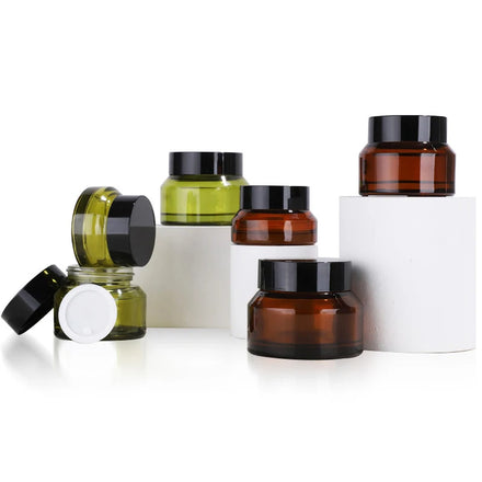15g 30g 50g Glass Oblique Shoulder Cosmetic Face Cream Jar Olive Green Amber Glass Makeup Jar With Screw Metal Lid