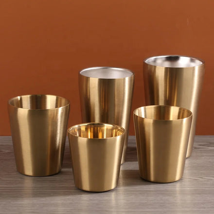 304 Stainless Steel Korean-style Hammer Pattern Beer Mug Double Layer Restaurant Tea Cup Gold Diamond Pattern Rinse Straight Cup