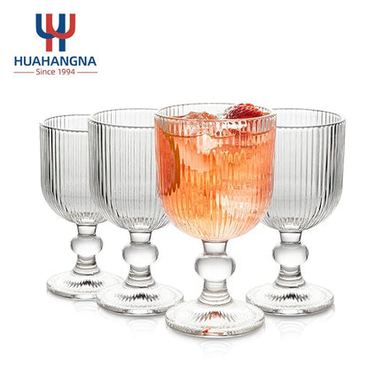 Wholesale Charming Glass Cups Drinkware 9 Oz Ribbed Vintage Goblet Wine Glasses Set for Wedding Party Dinner Bar