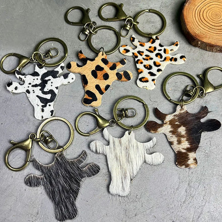Fashion Western Style Boho Western Cow Key ChainCowhide Hair on Hide Key RingCow Ear Tag Charm Pendant Keychain