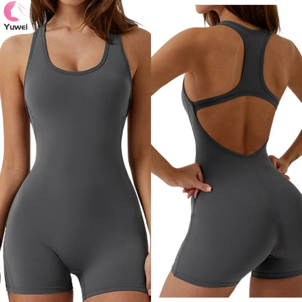 2024 Women's Sexy Sleeveless Shorts Bodysuit One Piece Deep Scoop Neck Backless Bodycon Yoga Jumpsuit Breathable and Seamless