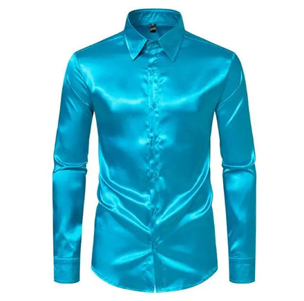 Men's Satin Nightclub Long Sleeved Shirt Solid Color Wedding Party Clothing Lapel Business Casual Shirts