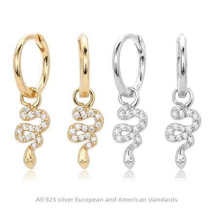 Fashionable CZ Zircon 18K Gold Jewelry 925 Sterling Silver Snake Drop Hoop Earrings Women