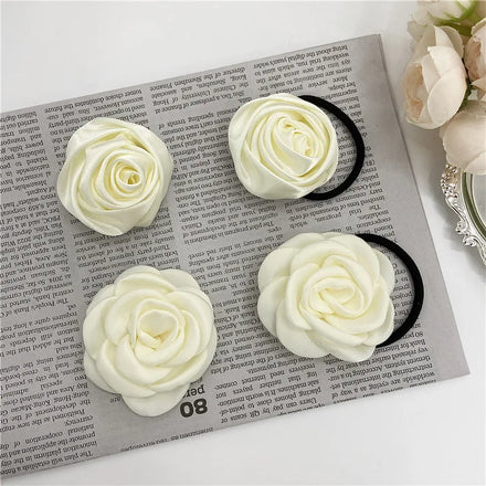 MIO Korea Camellia Hairpin Handmade Elastic Rubber Band Fashion Satin Rose Hair Clip Elegant White Flower Hair Ties for Women