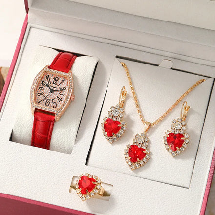 4pc Women Quartz Watch Jewelry Set Fashion Casual Round Pointer Wristwatch Heart Necklace Earrings Ring Set Gift