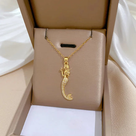 Light Luxury Titanium Steel Full Diamond Mermaid Pendant Necklace Choker for Women Stainless Steel Jewelry Charm