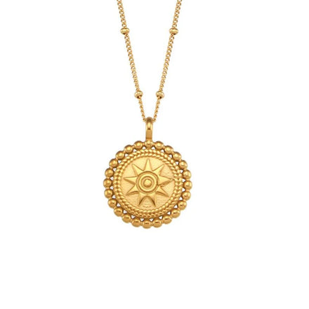 BINSHUO Custom Gold Plated Stainless Steel Bead Chains 3D Relief 9 Pointed Star Sun Circle Pendant Necklace Jewelry