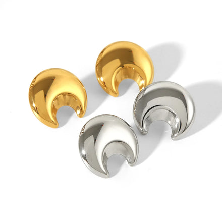 Korean Geometric Glossy Earrings 18k Gold PVD Coating Chunky Moon Stud Earrings for Women Daily Wear Waterproof