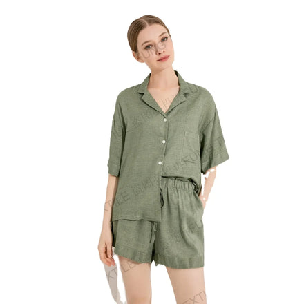 Fung 6052 Women Linen Pajamas Set Ready to Ship Ladies Sleepwear High Quality Short-Sleeved Pant Wholesales Discount Pyjamas