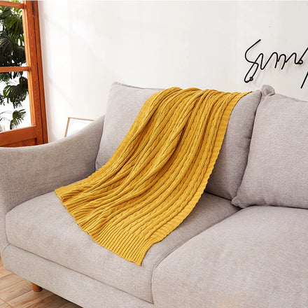 Modern Stock 100% Cotton Cable Knitted Throw Blanket 90*150cm Yellow OEKO-TEX Certified Eco-Friendly Anti-static Indoor Outdoor