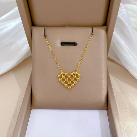 Fashion 2024 Stainless Steel Heart Necklace 18k Gold Plated Hollow Bead Pendant Necklace for Women