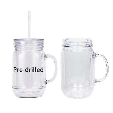 Wholesale New Arrive Ready to Ship Clear 500ml Double Wall PP Plastic Tumbler Pre-drilled Mason Plastic Cup with Handle 25pcs