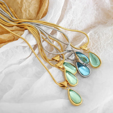 French Vintage Olive Green Blue Droplet Pendant Necklace Waterproof Stainless Steel Necklace Fashion Jewelry Party Gift Idea