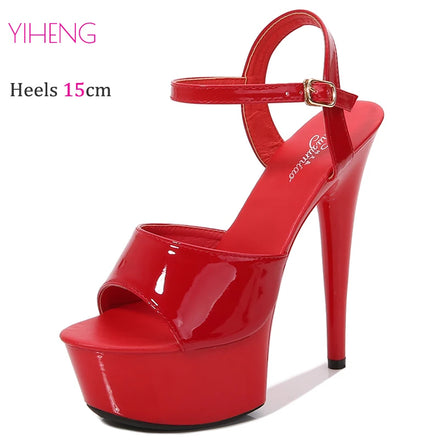 15CM Stiletto Exotic Heels Summer/Spring Ankle Strap Platform Sandals Open Toe Sexy Pole Dance Shoes PU Upper Buckle Closure