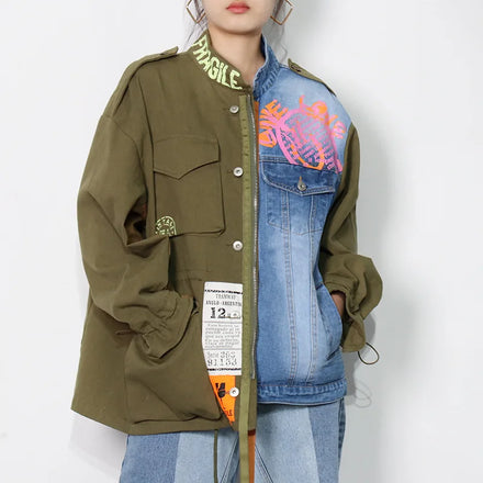 2024 Spring Versatile Stitching Contrast Color Denim Jacket for Women Loose Street Style Casual Top with Button Decoration