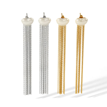 French Elegant Heart Pearl Long Thin Tassel Shaped 18K Gold Plated Stainless Steel Waterproof Tassel Earrings for Women