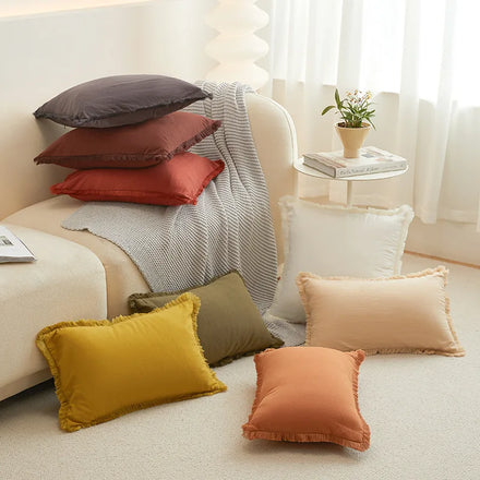 Wholesale Cotton Cushion Cover Simple Solid Color Sofa Pillow Cover Living Room Office Pillow Cover with Tassel Edge