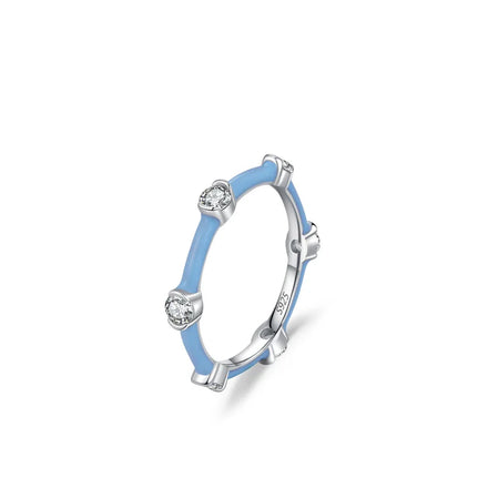 S925 Sterling Silver Summer Fresh Blue Enamel Cubic Zirconia CZ Stackable Ring Rhodium Plated for Weddings and Parties