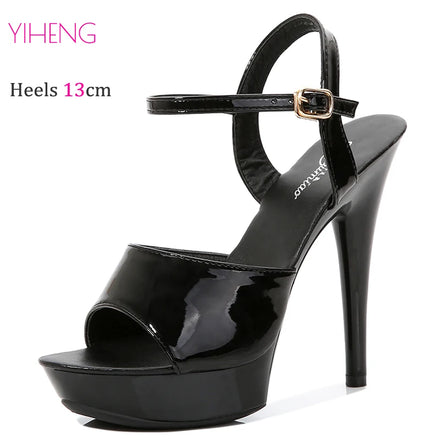 13cm Black Ankle Strap Pole Dance Sandals for Women Open Toe Summer Wedding Stiletto Gladiator Runway Shoes Lower Heels Stripper