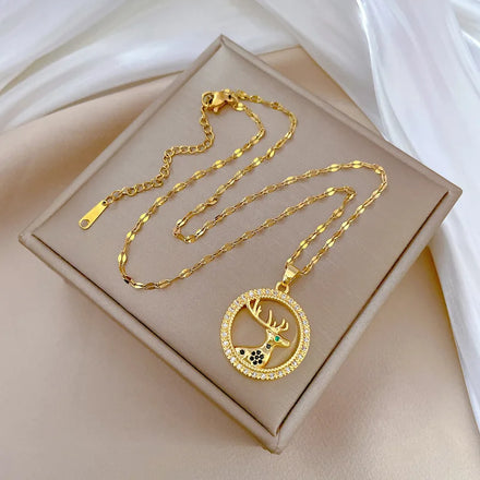 Light Luxury Titanium Steel Full Diamond Lucky Deer Zircon Pendant Necklace Choker for Women Stainless Steel Jewelry Charm