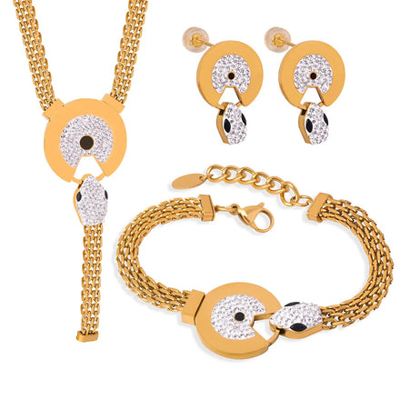 New Design 18k Gold Plated Tarnish Free Stainless Steel Snake Jewelry Set Zircon Necklace Earrings Bracelet Set for Women