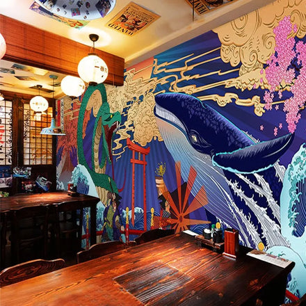 Waterproof Japanese Style Ukiyo-e Wallpaper for Pub Sushi Restaurant Moisture-Proof Script Killer Mystery Hall Background Mural