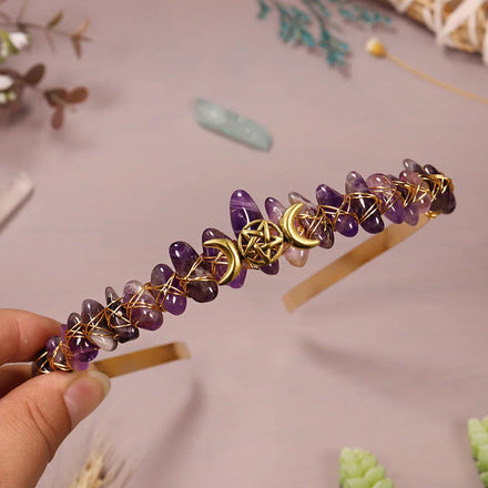 Witch Wiccan Crystals Crown Rose Quartz Headband Star Moon Amethyst Hair Accessories Crystal Quartz Hair Tiara for Girls