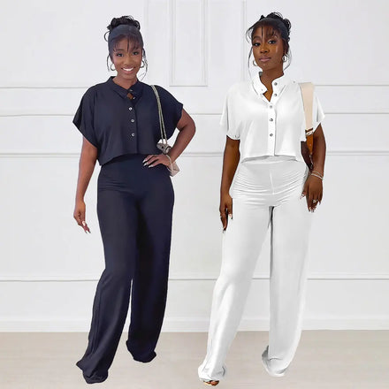 Women Clothes Ladies Casual Solid Color Lapel Short Sleeve Shirt Crop Top Wide Leg Trousers Pants Fashion Two Piece Women's Sets
