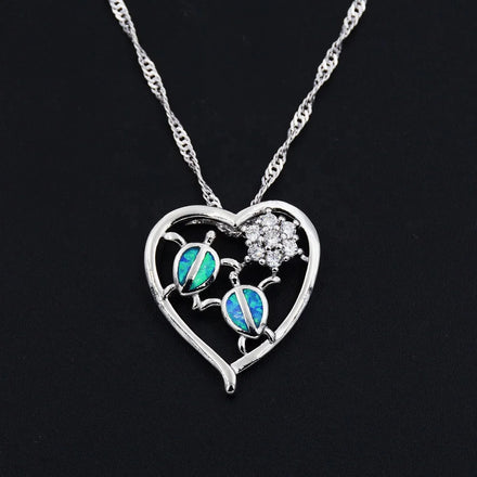 Hawaii Heart Shape Sea Turtle Ocean Blue Opal Pendant Necklace