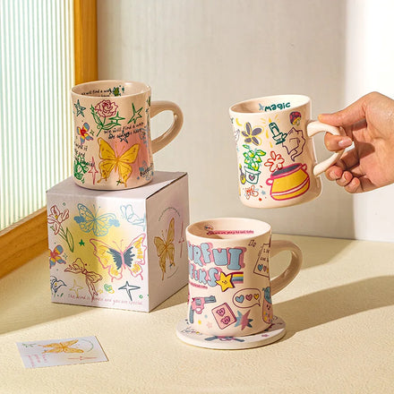 Ins Creative Graffiti Ceramic Water Cup Girl Heart Home Office Gift Mug Couple Mug