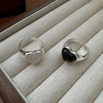 White Black Agate Heart Shape Chunky Women Rings 925 Sterling Silver Fine Jewelry