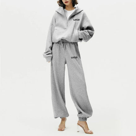 Custom Women's Sets Two Piece Outfits Clothing Set Oversize Loose 1/4 Zip up Hoodie Sweatpants Jogger Tracksuit Set Sweatsuit