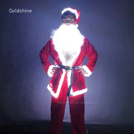 Men's LED Christmas Santa Costume Luminous Velvet Red Coat With Belt Standard Size Adult Velvet Hat for New Year's Celebration
