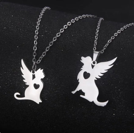 Angel Wing Cat and Dog Heart Pendant Necklaces for Women Girls Stainless Steel Neck Chain Pet Animal Jewelry Gift