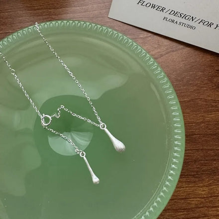 Real S925 Sterling Silver Frosted Tear-drop Tassel Charm Necklace Women Girl Fine Jewelry