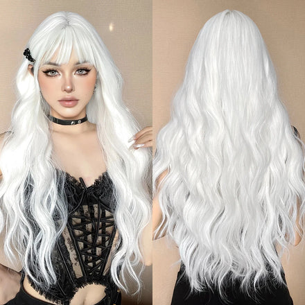 White Platinum Long Curly Synthetic Wigs with Bangs for Women Afro Daily Cosplay Lolita Wavy Wig Natural Hair Use