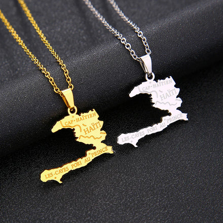 18K Gold Plated Stainless Steel Link Chain Manufacturer Haiti Map Pendant Necklace Haitian National Country Map Necklace