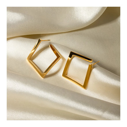 ERESI Classic Simple Stainless Steel Geometric Rectangle Waterproof 18K Gold Plated Asymmetric Square Hoop Earrings for Women