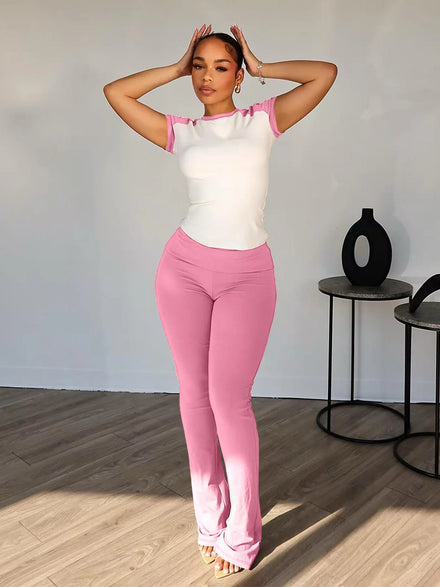 Summer New Arrival Ladies Two Piece Sets Patchwork Set Short Sleeve Crop Top Women Yoga Wear Casual Two Piece Set