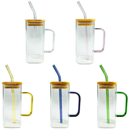13.5 oz Bamboo Clear Mason Jar 16 oz High Borosilicate Glass Square Glass Mug Handle Lid Straw Modern Design Water Cup Party Use