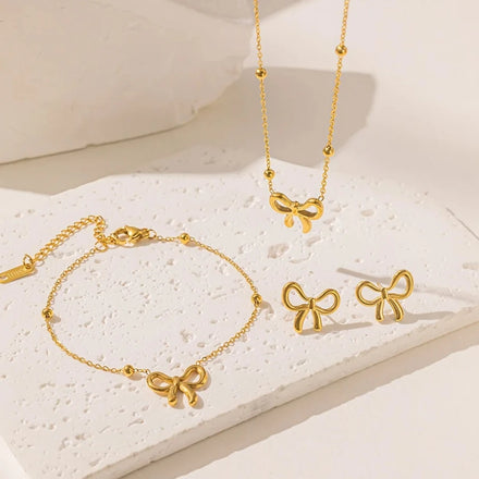 Vintage Fashion 18K Gold Plated Stainless Steel Heart Choker Necklace Bracelet Earrings Set Charm Pendant Women Butterfly Party